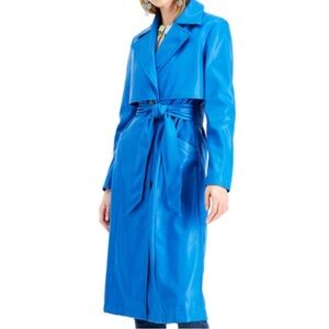 INC Faux-Leather Blue Long Trench Coat Size Medium